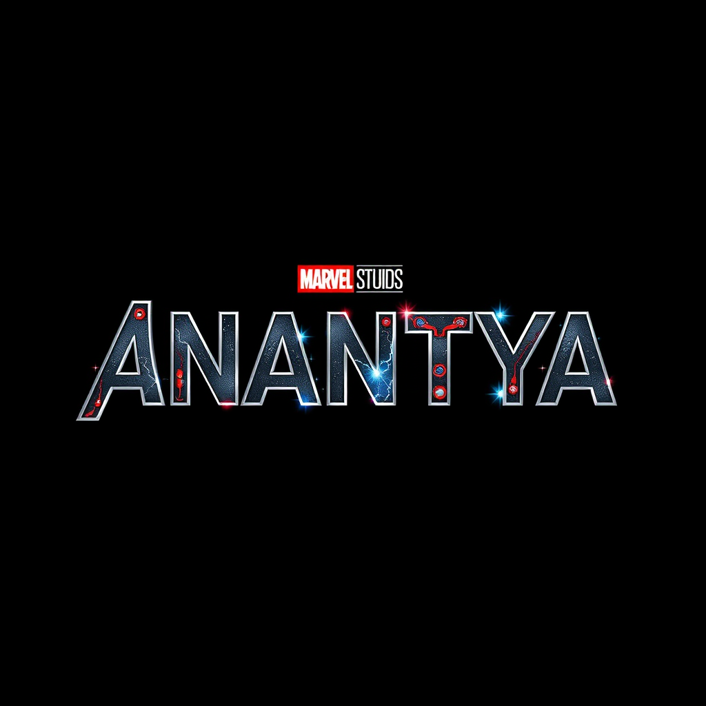 Main logo studio: Design a powerful “ANANTYA” wordmark logo inspired by Marvel superheroes. Keep ANANTYA clearly readable as the main element and creatively integrate s