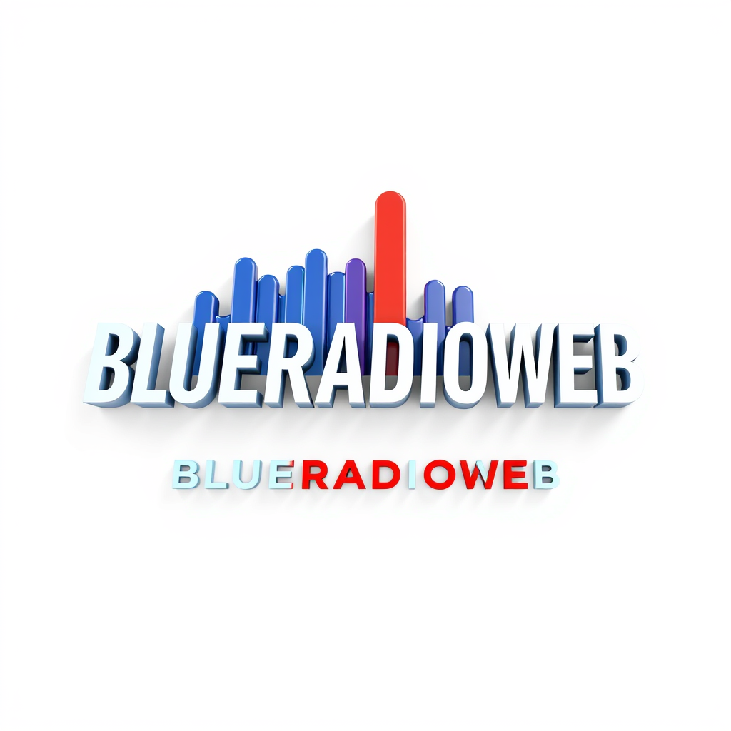 3D Logo idea: 3D logo for BLUERADIOWEB LISTEN TO YOUR MUSIC a music brand form wave, sound white blue red , three-dimensional render, realistic depth and shadows, g