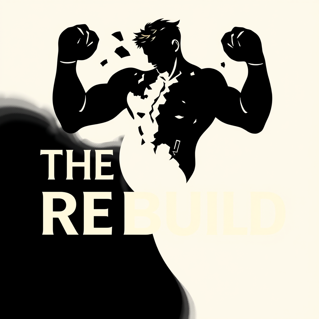 Main logo studio: Iconic luxury logo for THE REBUILD. One broken, battle-worn human figure gradually emerging into a stronger, refined version of himself — symbolizing 
