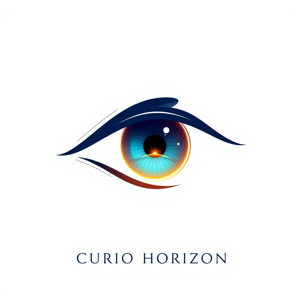 Main logo studio: Design a luxurious logo for “CURIO HORIZON”. Pure white background. A single captivating eye with a sleek, elegant shape. The iris becomes a mysteriou