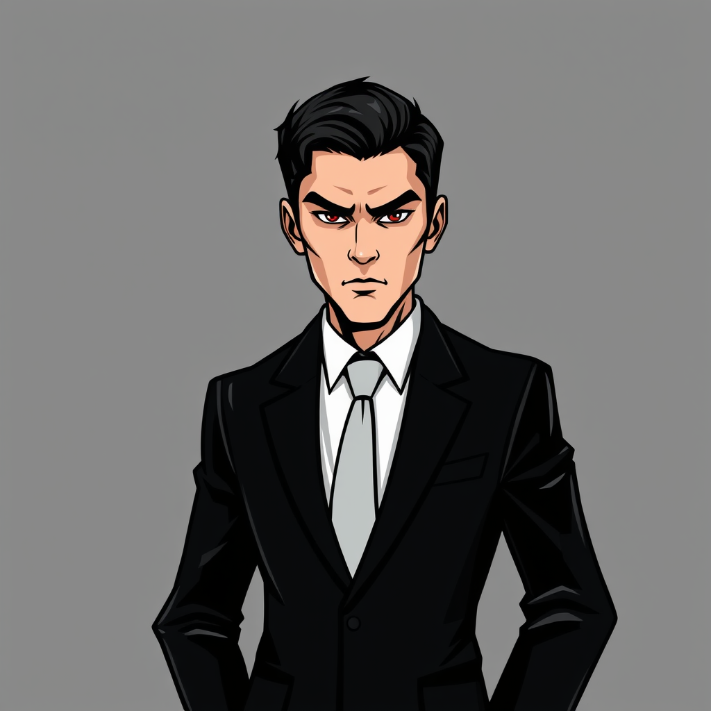 Main logo studio: Professional mysterious mascot for a cybersecurity research brand. A normal young man wearing a clean black formal suit, white shirt and simple tie. C