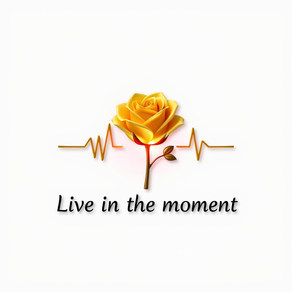 3D Logo idea: 3D logo for Bright, classy, elegant colours Live in the moment quote A yellow rose, a heart beat line and the sun , three-dimensional render, realisti