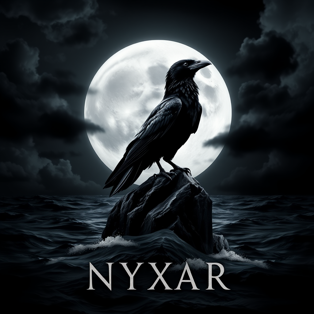 Main logo studio: Create a luxury dark streetwear brand logo for NYXAR. A dramatic full moon above a black ocean, surrounded by deep black storm clouds, with a mysterio