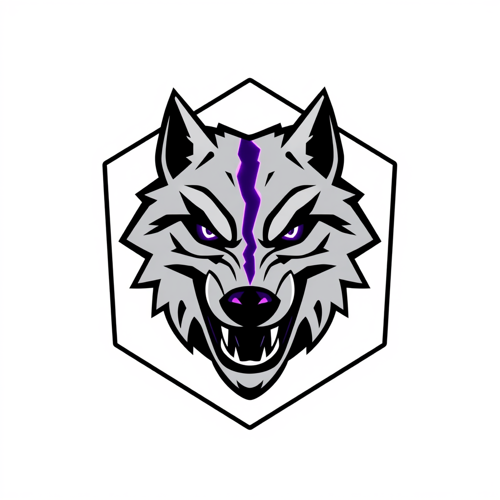Main logo studio: Esports logo, front-facing symmetrical wolf head, mouth open snarling with sharp fangs, angular geometric fur lines. Head split by a jagged vertical r