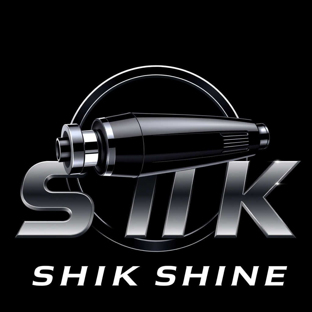 Main logo studio: SHIK SHINE — luxury car detailing logo, realistic DA orbital polisher, black and chrome silver, glossy metallic finish, premium 3D, elegant typography