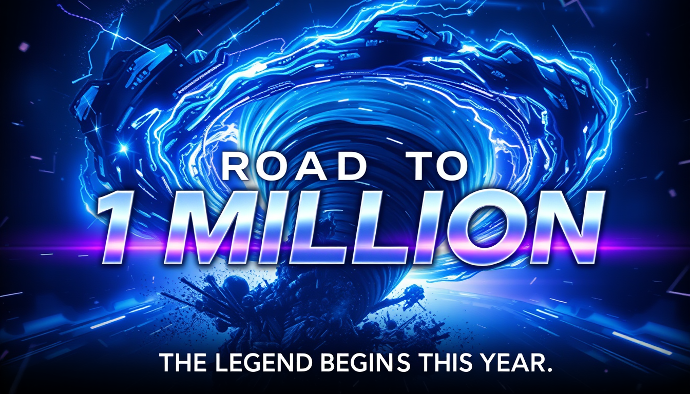 Main logo studio: Create a premium cinematic YouTube gaming banner with the exact text: “ROAD TO 1 MILLION” and underneath: “THE LEGEND BEGINS THIS YEAR. ⚡” Use a dark 