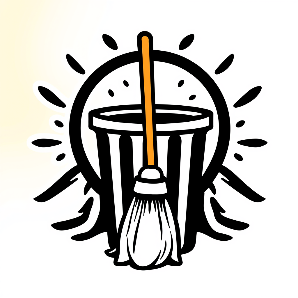 Main logo studio: Make a broomstick logo with a trash can with a white background and a colored background
