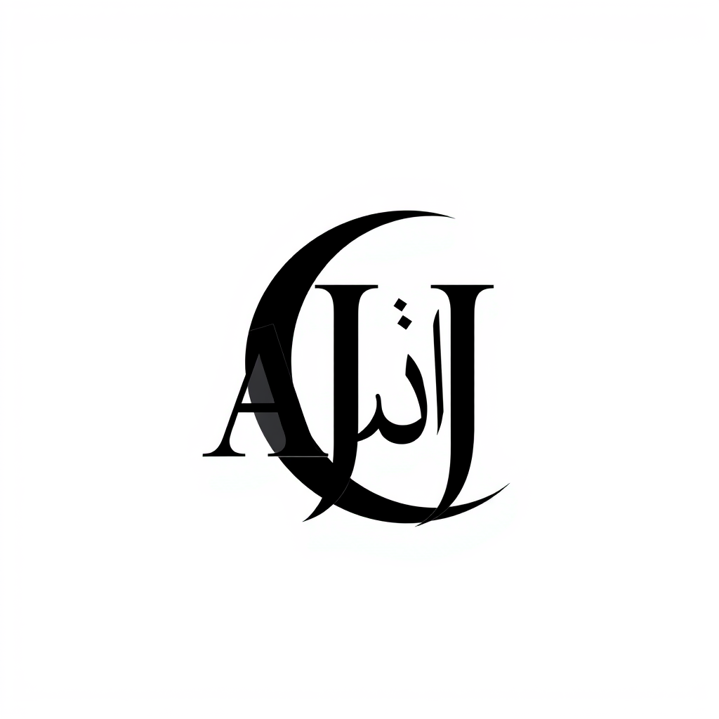Monogram Logo idea: monogram logo combining the letters Crescent + Arabic Calligraphy ASJ , elegant intertwined letterforms, flat vector logo, centered, solid white backg