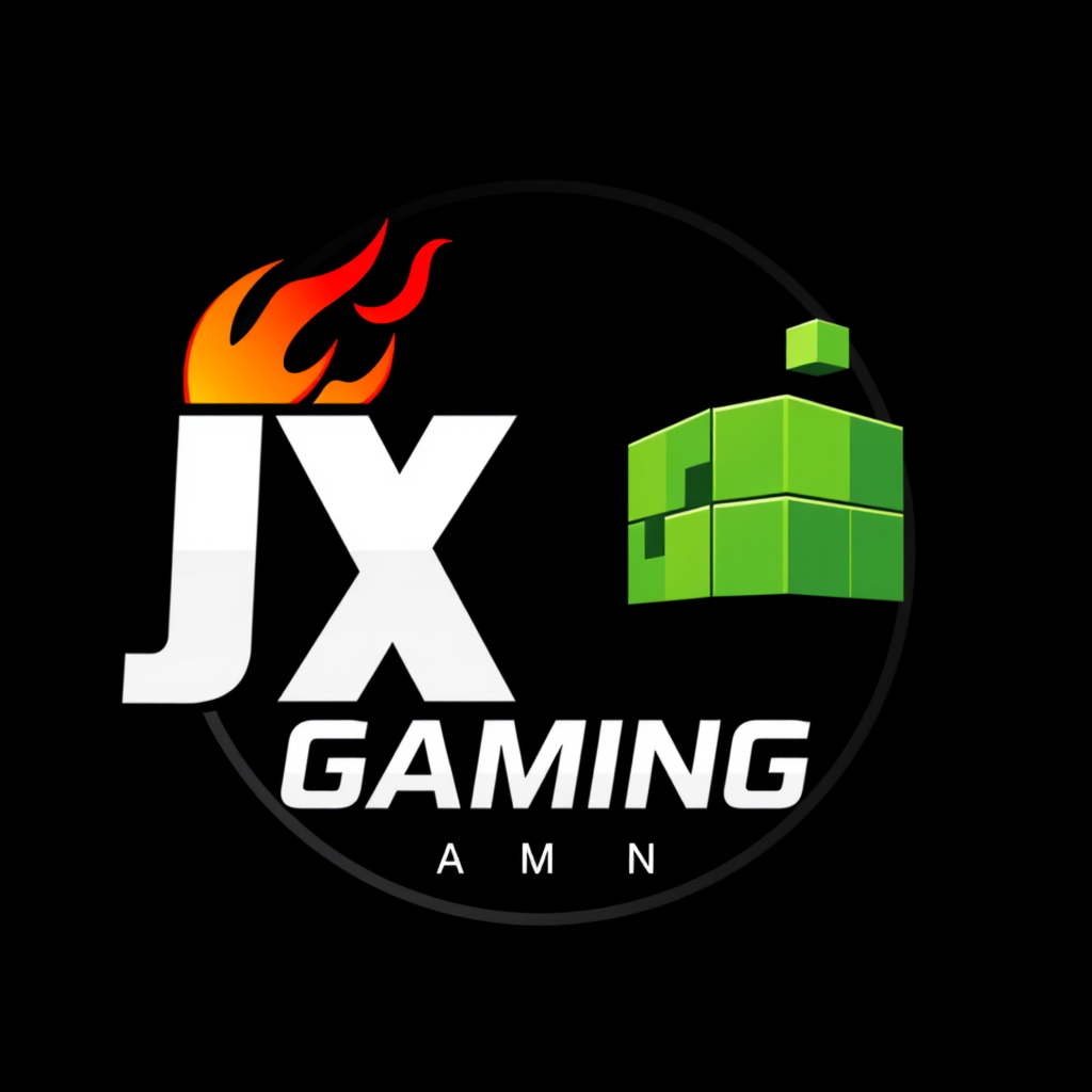 Main logo studio: Create a professional circular gaming logo for JX GAMING. Black background, large bold white JX letters, red and orange flames on one side, green Mine
