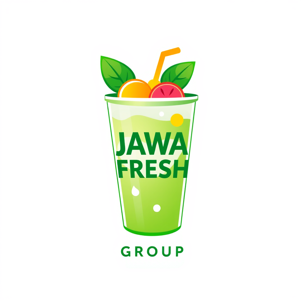 Main logo studio: JAWA FRESH GROUP, modern Indonesian drink logo. Fresh colorful beverage cup with simple tropical fruits and green leaves. Bold clean typography. “JAWA