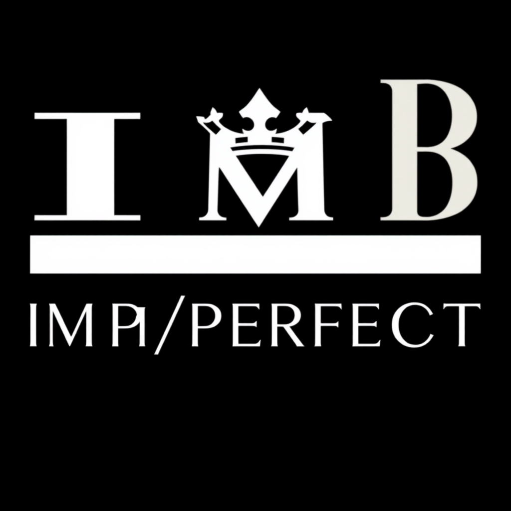 Main logo studio: {"brand":"IM/PERFECT","style":"luxury fashion house, rebellious, elegant, sensual","logo":"custom editorial serif, sharp high contrast, subtle asymmet