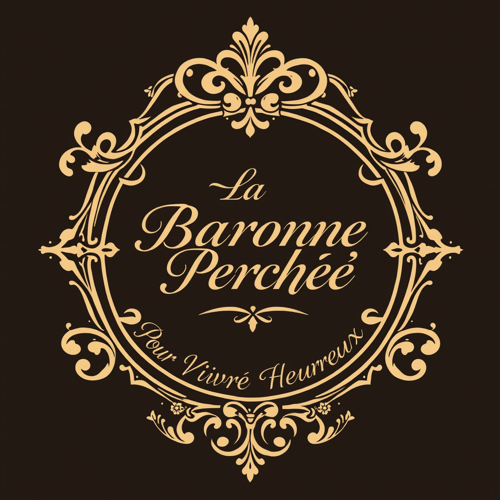 Main logo studio: Crée un logo élégant. Cadre doré rococo. Au centre du cadre : « La Baronne Perchée » en écriture manuscrite calligraphiée. Écrit en dessous du cadre «