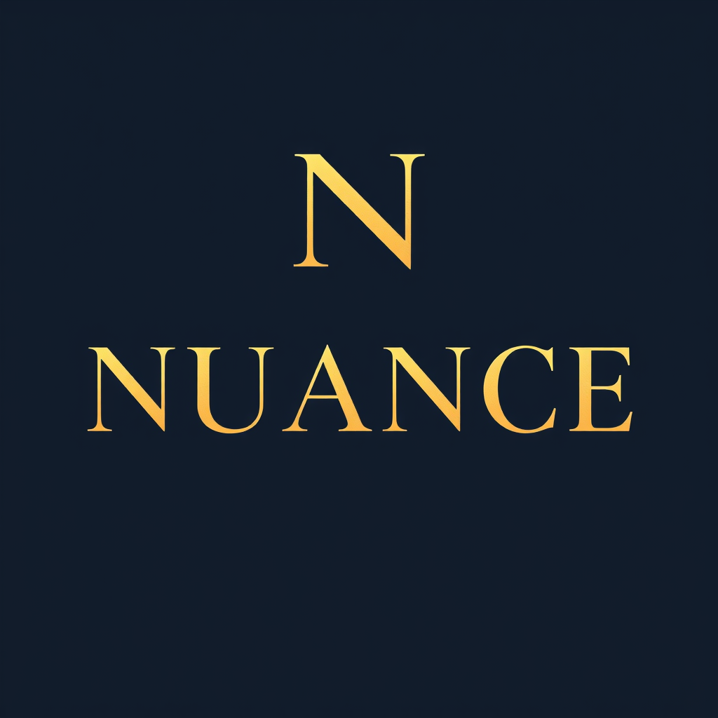 Main logo studio: Premium luxury logo for **NUANCE**. Solid deep midnight navy background. Large elegant **NUANCE** wordmark in refined metallic champagne-gold serif ty