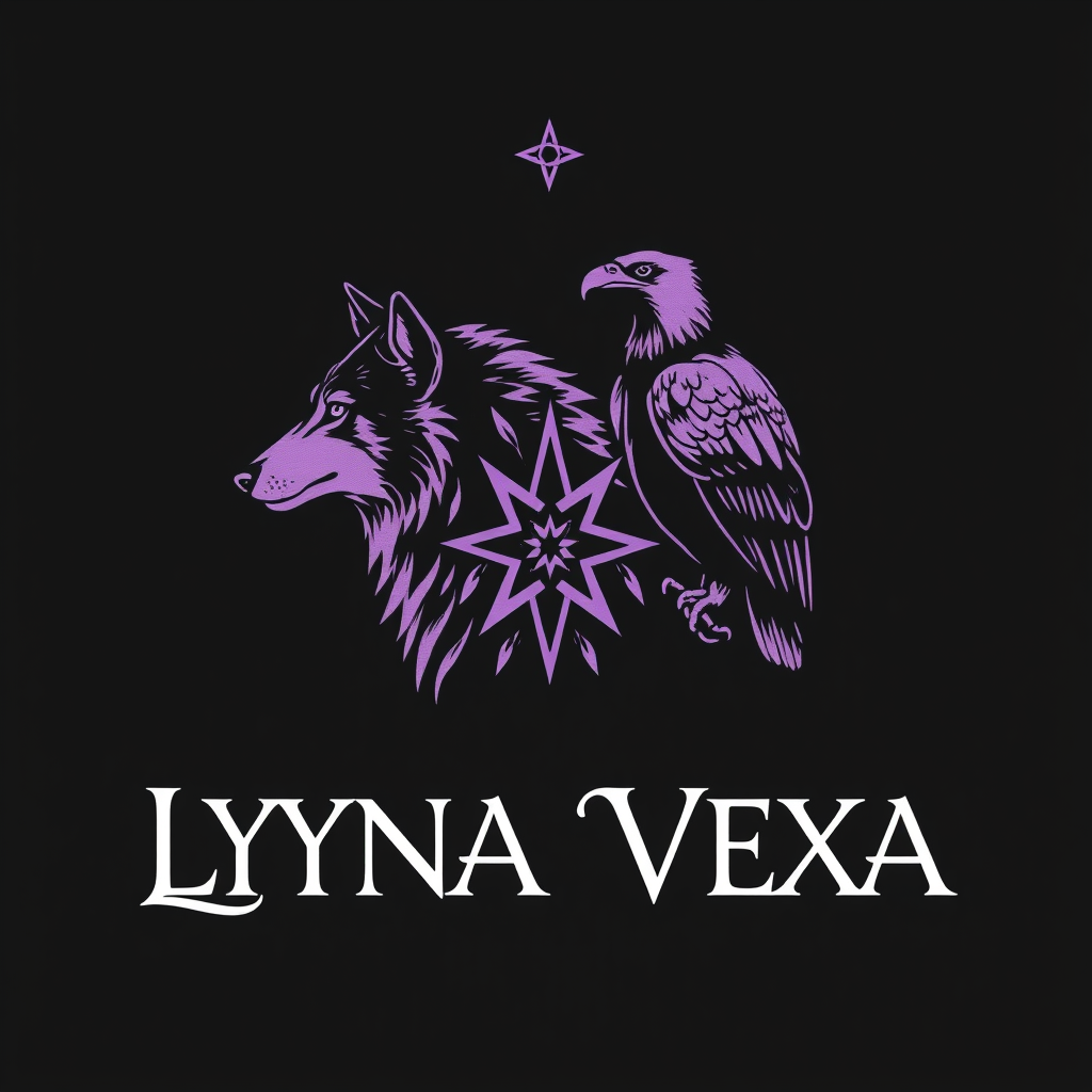 Main logo studio: Brand name: LYNA VEXA. A wolf and a condor depicted in fine lines against a black background with soft purple accents. A star symbolizing shamanic mys