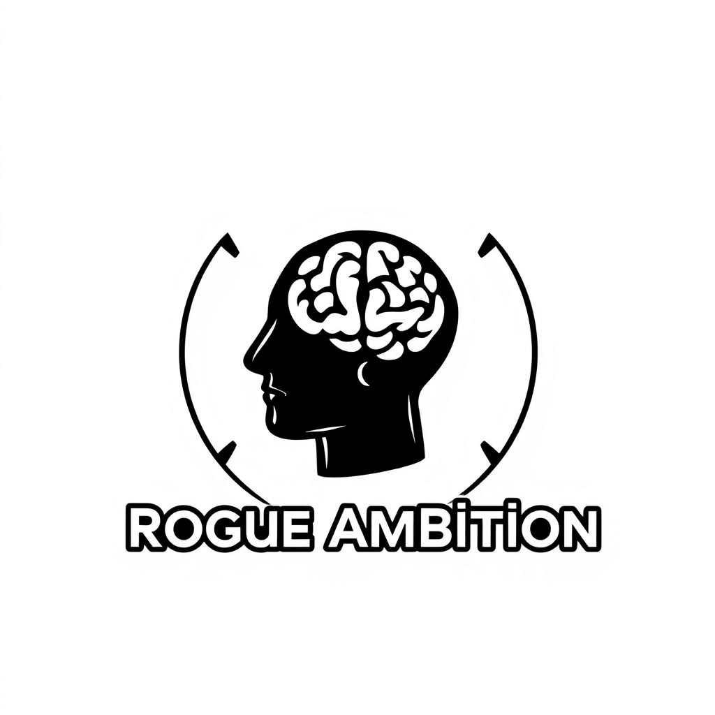 Cartoon Logo idea: cartoon style logo for Rogue Ambition — psychology and motivation brand. Create a simple RA monogram with a subtle mind symbol integrated into the let