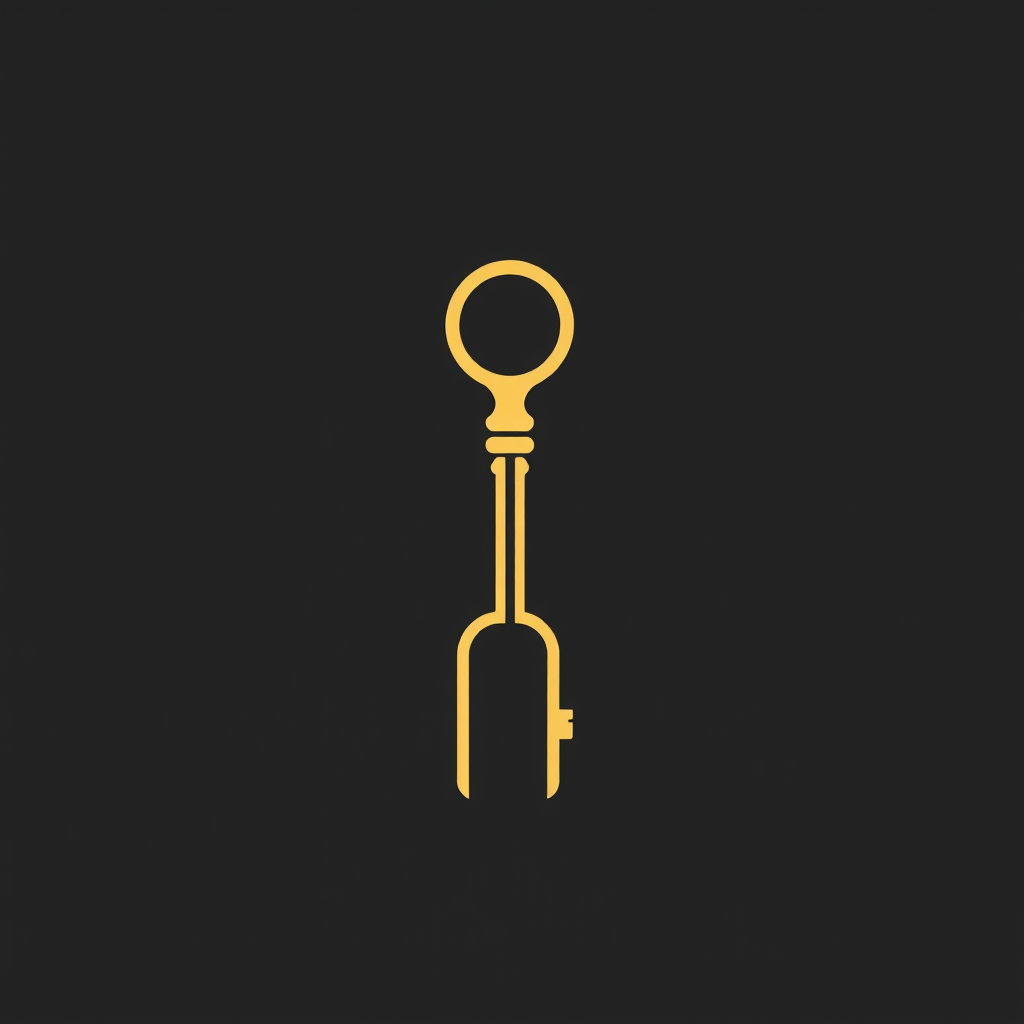 Main logo studio: Minimalist vector logo of a single elegant skeleton key. Thin gold line art on a matte black background. The key is perfectly symmetrical, clean, and
