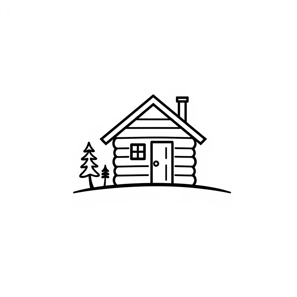 Cartoon Logo idea: cartoon style logo for } Ultra-minimal 2D logo suggesting a tiny cabin using only a few elegant geometric lines. A small pine tree beside it, slightly