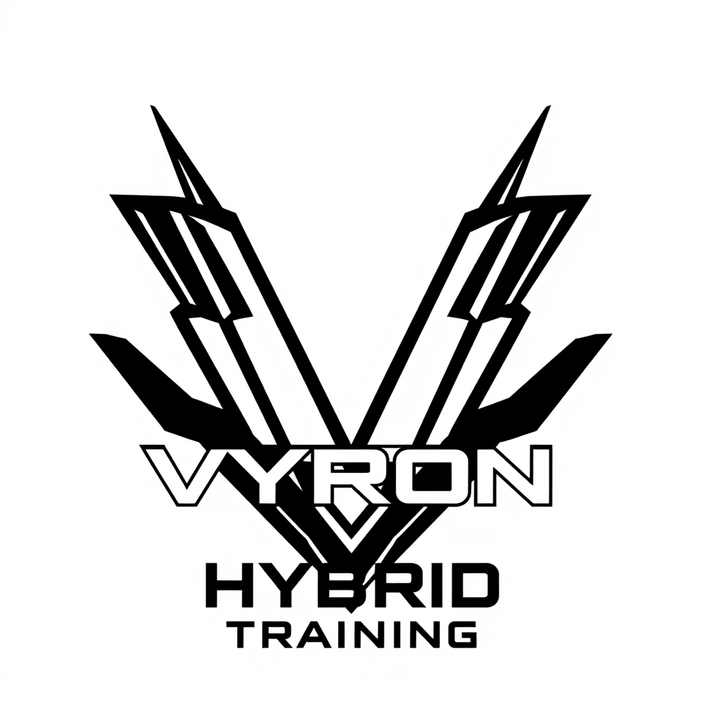 Main logo studio: Ultra-premium V logo for VYRON HYBRID TRAINING, unique custom V emblem with “HYBRID TRAINING” underneath, futuristic athletic luxury, bold black on wh