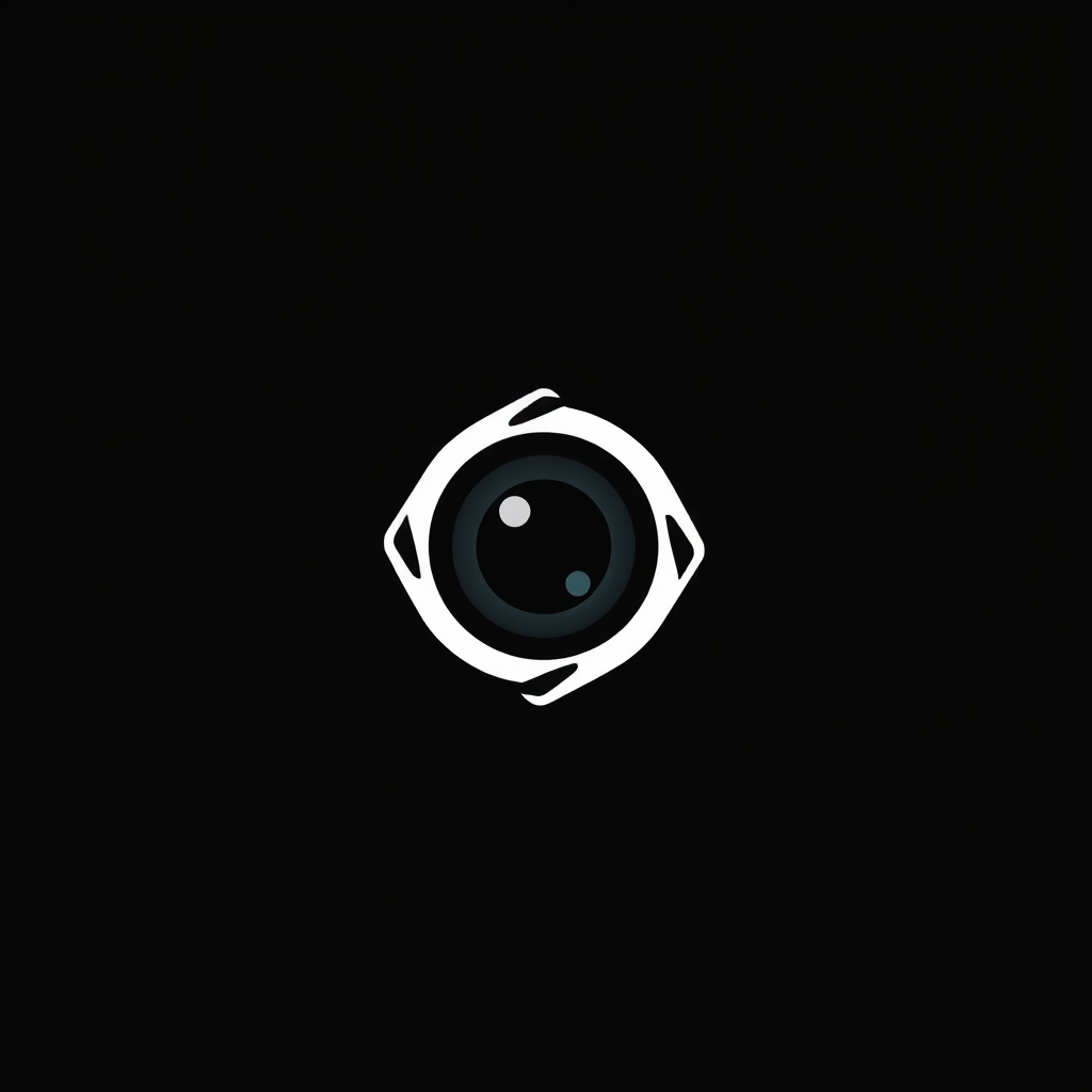 Minimalist Logo idea: minimalist logo, simple geometric mark for Minimal white camera lens on black background, elegant vector logo. , flat vector, clean lines, centered, s