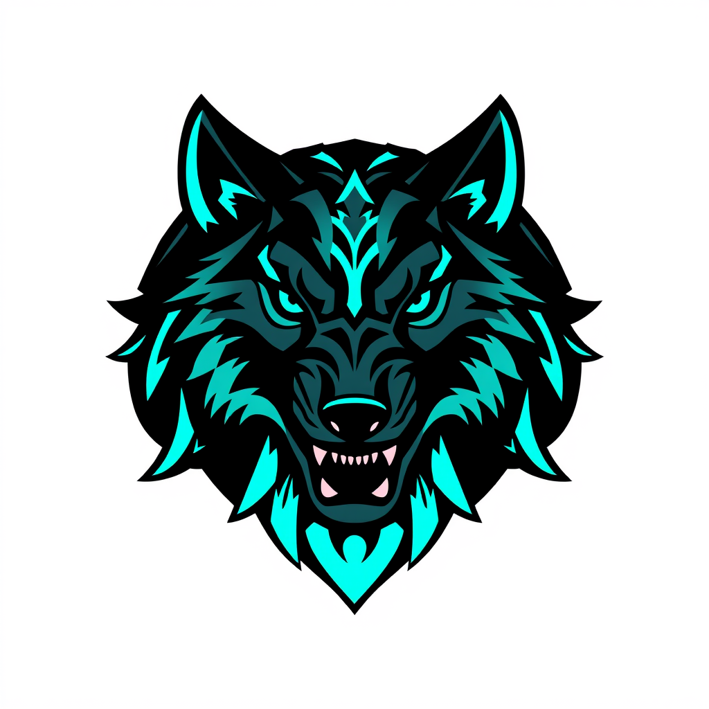 Emblem Logo idea: emblem logo of bold esports team emblem logo, a roaring wolf head, black and neon teal , intricate crest seal badge design, symmetrical emblem, detail