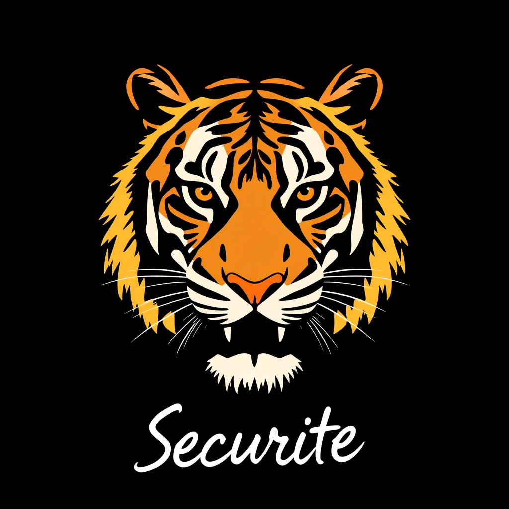 Main logo studio: logo de tigre sur fonds noir ecrit tigre securite en dessous