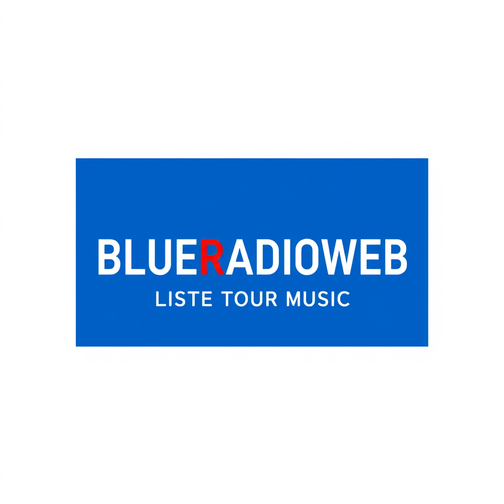 Wordmark Logo idea: wordmark logo of BLUERADIOWEB LISTEN TO YOUR MUSIC en blanc dans un rectangle bleu et rouge dégradé , bold clean typography, flat vector logo, centere