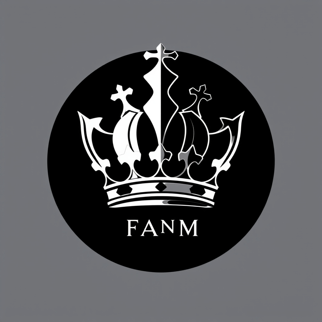 Main logo studio: Create a luxurious SOVEREIGN FAM logo for a Korean KakaoTalk open chat community. Use a perfectly symmetrical black and white split design. The crown
