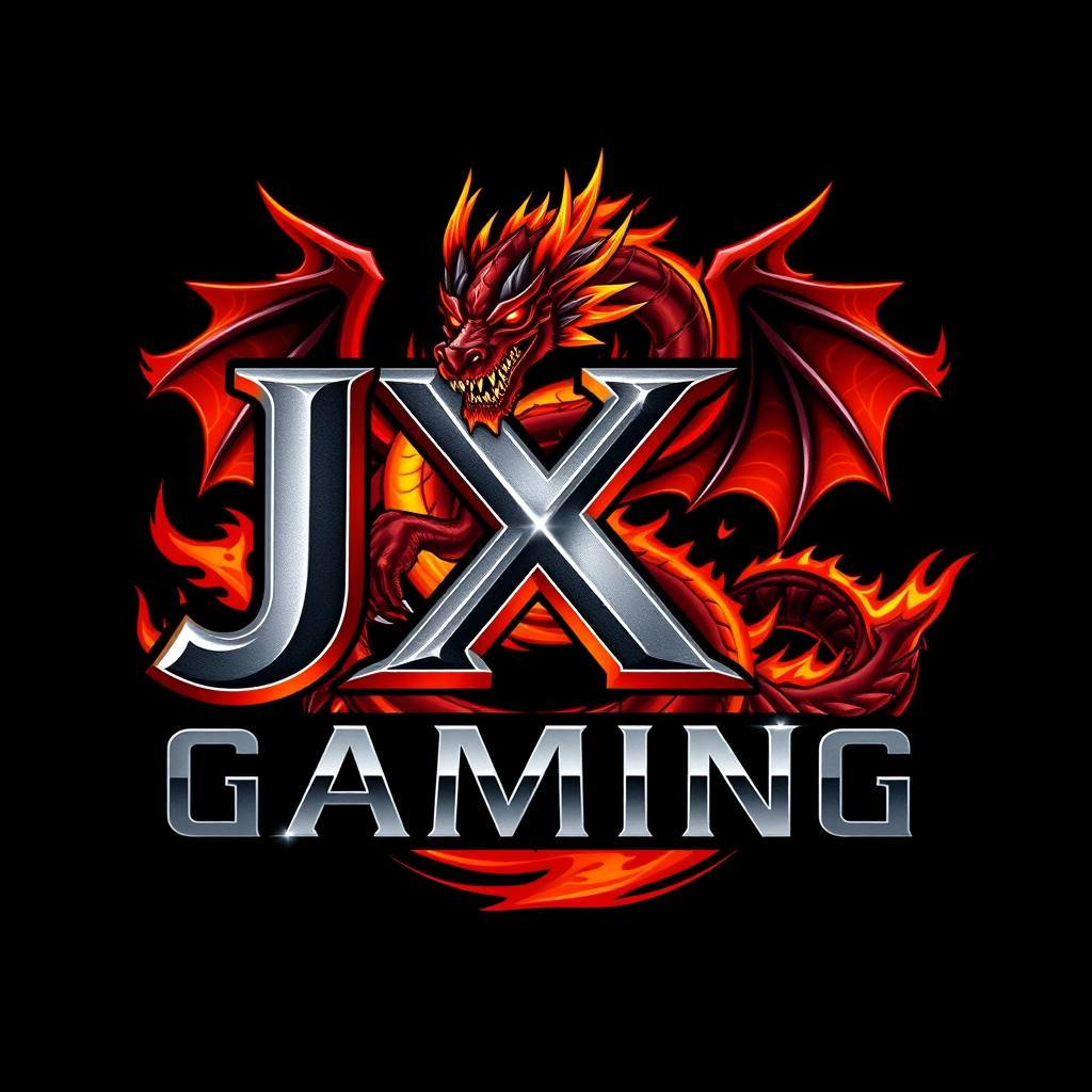 Main logo studio: Design a stunning premium gaming logo for JX GAMING featuring a fierce, powerful fire dragon with glowing red eyes, wrapping its fiery wings around bo