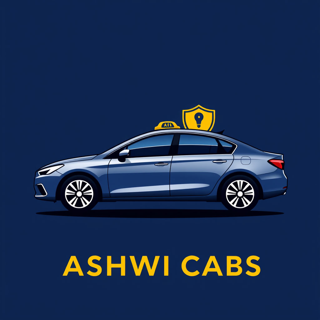 Main logo studio: Ashwi Cabs, a safe, comfortable and affordable cab service. Create a modern professional logo featuring a sleek car combined with a subtle shield or s