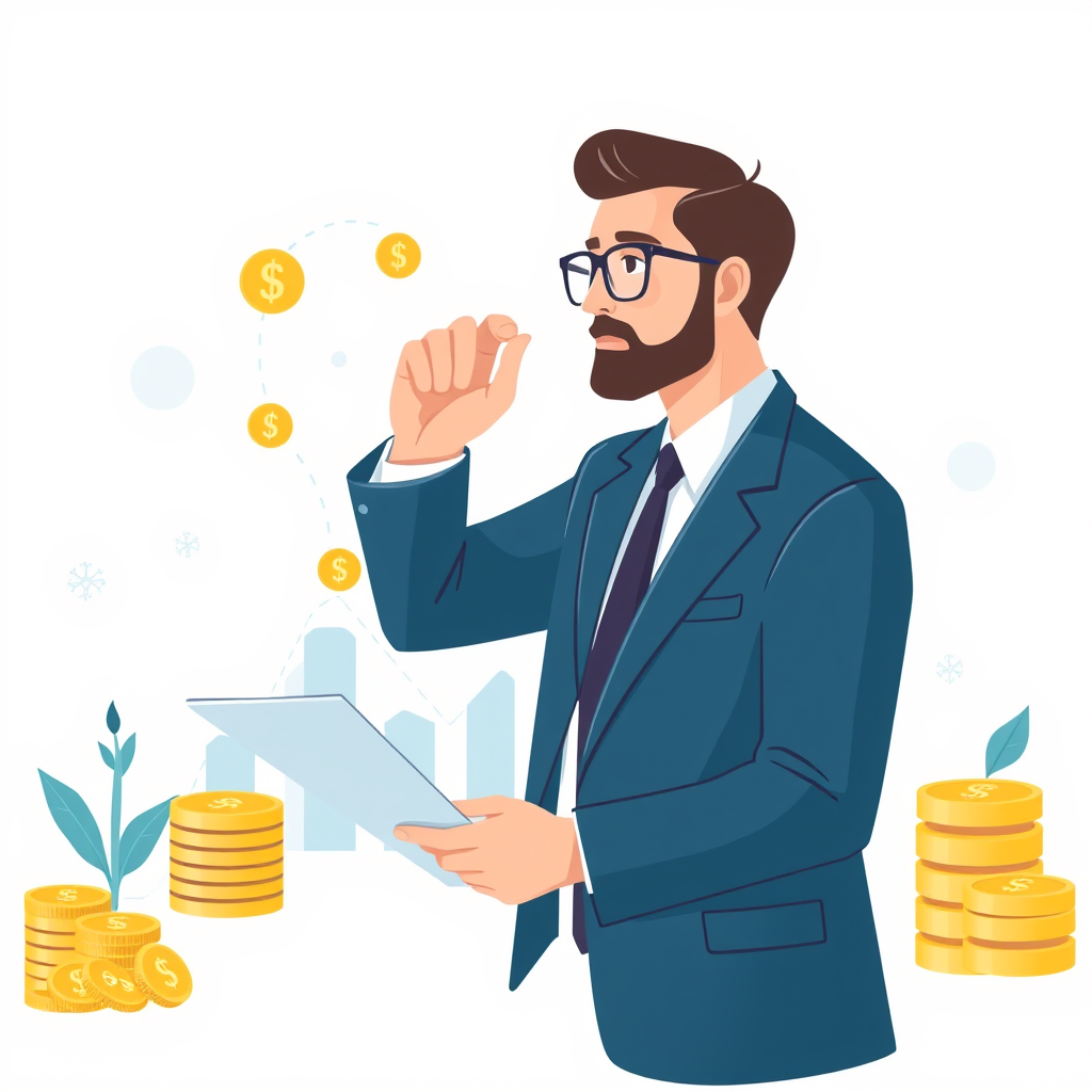 Main logo studio: Create a modern flat vector illustration showing a businessman analyzing a rising financial graph with coins, charts, and investment symbols. Professi
