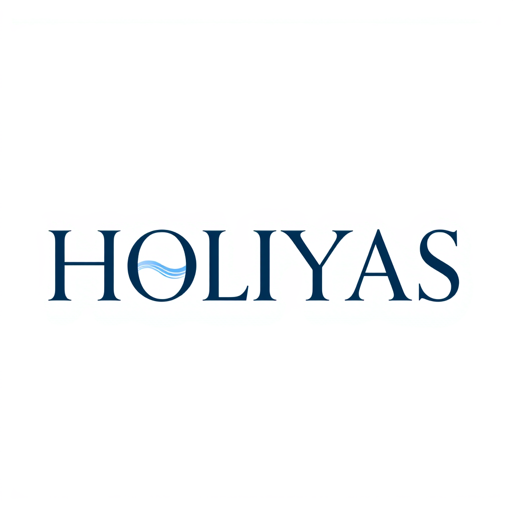 Main logo studio: HOLIYAS — premium global travel brand, elegant luxury serif typography, deep navy + light sky blue with subtle white, one distinctive letter such as H