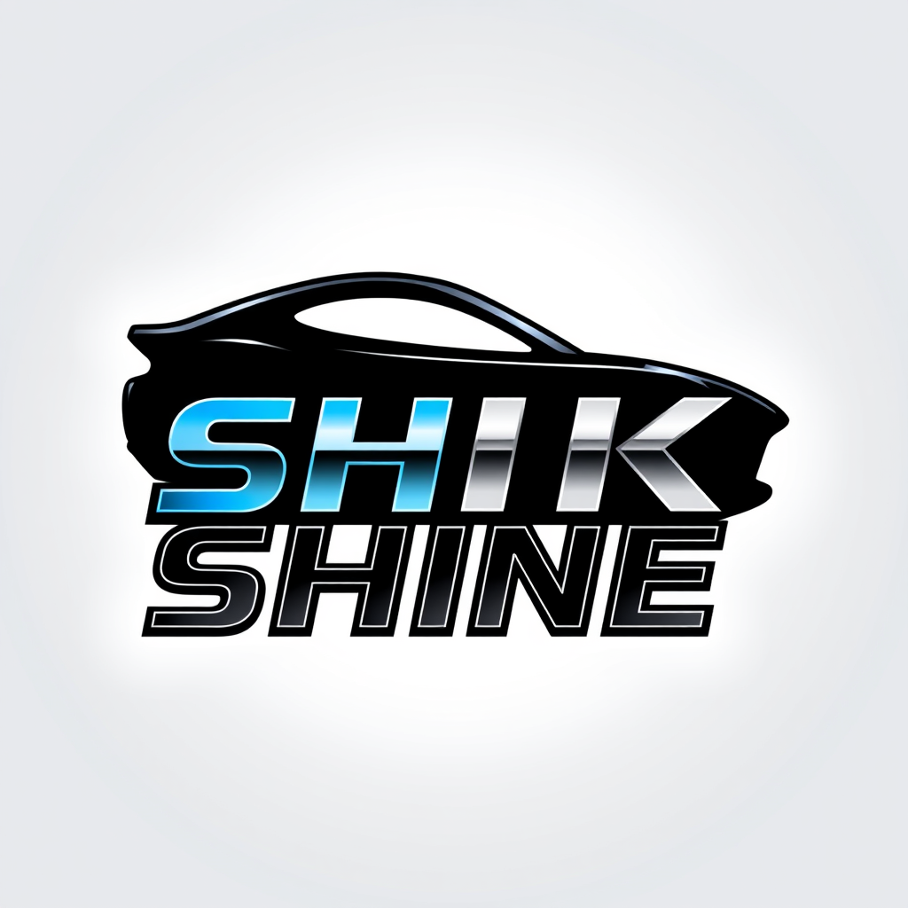 Main logo studio: SHIK SHINE — premium square logo, SHIK formed from a sleek car silhouette, SHINE formed from a professional orbital polisher silhouette, the letters t