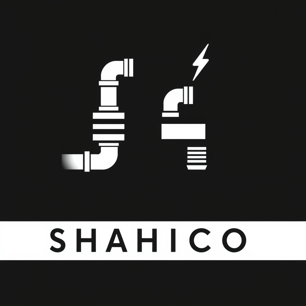 Main logo studio: Create a minimalist logo for "SHAHICO", an industrial electrical company. Design the first letters "SH" using industrial pipes, pipe fittings, connect