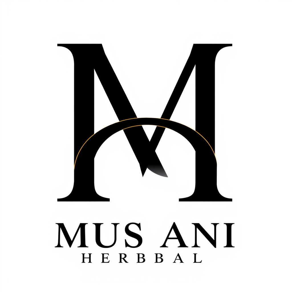 Wordmark Logo idea: wordmark logo of Premium luxury logo for MUSANI HERBAL. Create a unique MH monogram with M and H creatively fused into one elegant symbol. Black and g