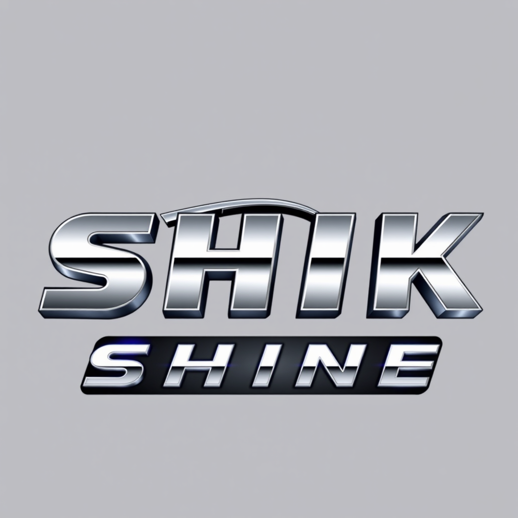 Main logo studio: SHIK SHINE — premium square profile logo, sleek car shape integrated with bold typography, SHINE with custom flowing glossy lettering, chrome silver w