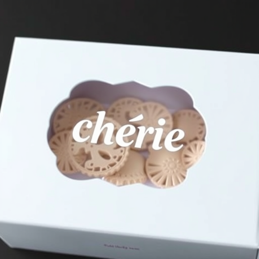 Main logo studio: name of the brand is " Chérie " for gift boxes and mystery boxes and the color scheme is light pastel colors like light pink , light purple , butter y