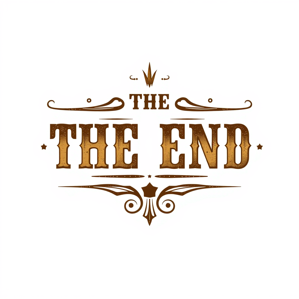 Vintage Logo idea: vintage retro logo for make a logo "The End" western style, with yellish colors. "THE END" should be spelled correctly , classic retro design, aged ty