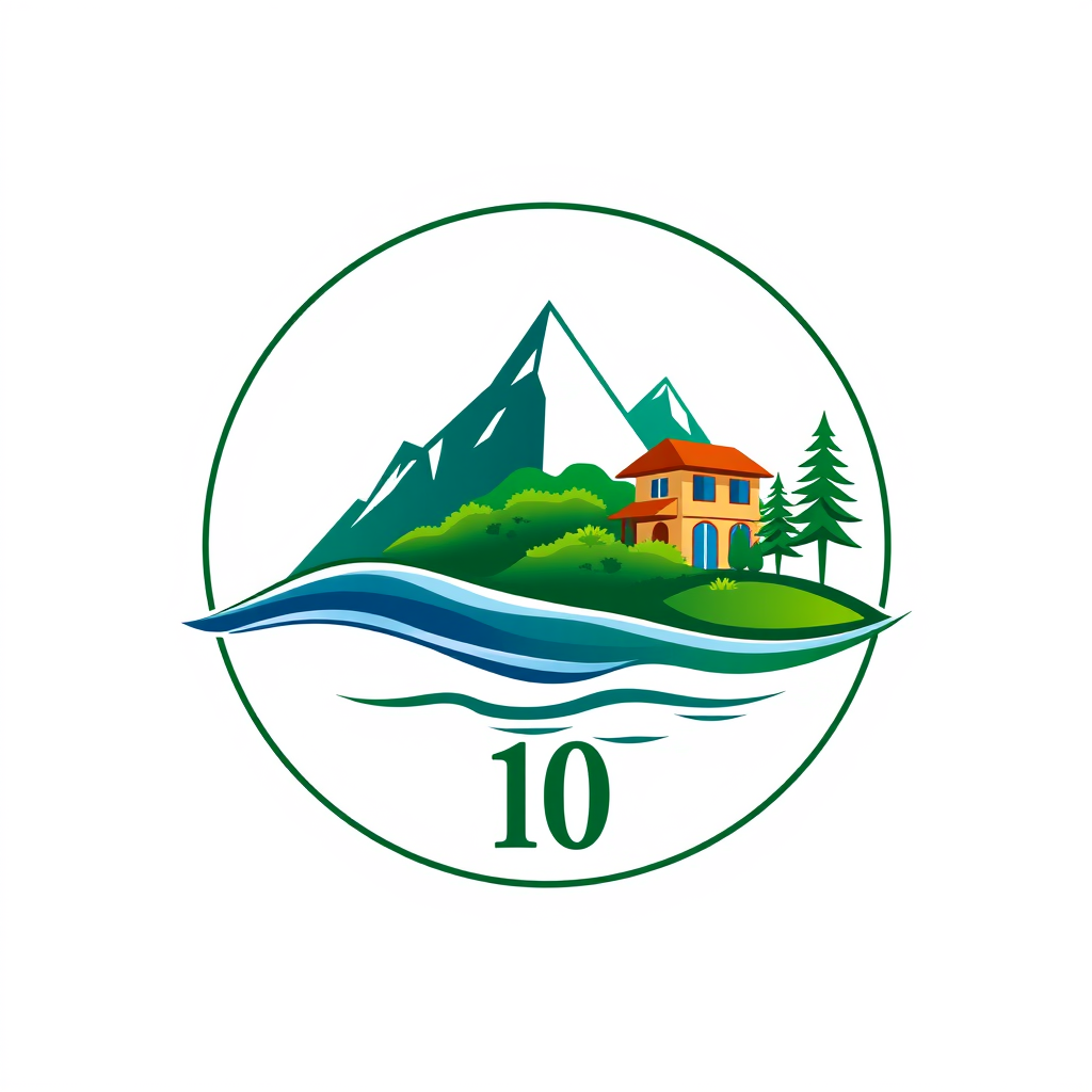 Main logo studio: Create a premium circular PNG logo with transparent background for real estate, property, land and investment. Use only water and earth, with lush gre