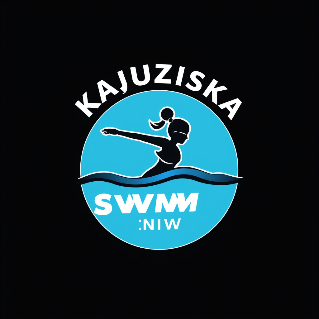 Main logo studio: "KAŁUZIŃSKA SWIM" i need logo with, girl swim and name job, color: blue, black and white