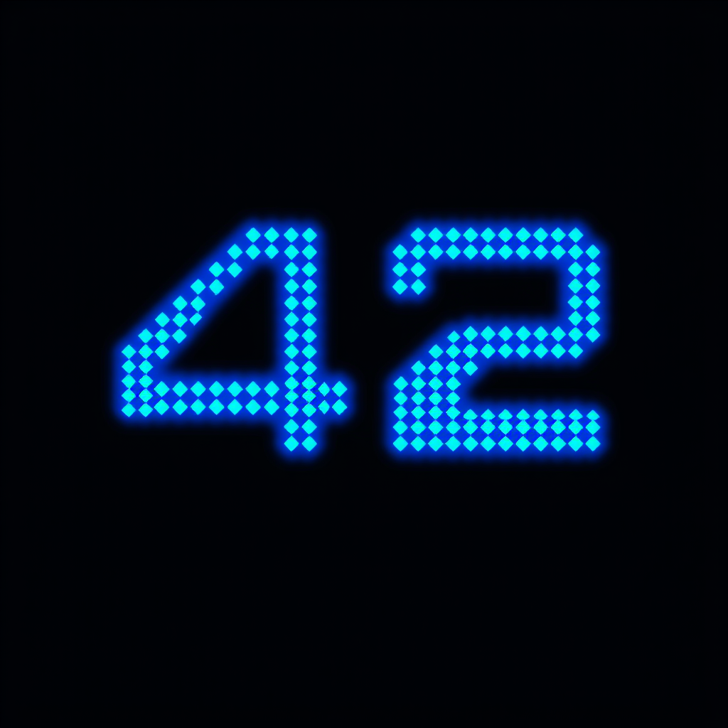 Main logo studio: Give me the number in bright blue 42 on a dark gray background.