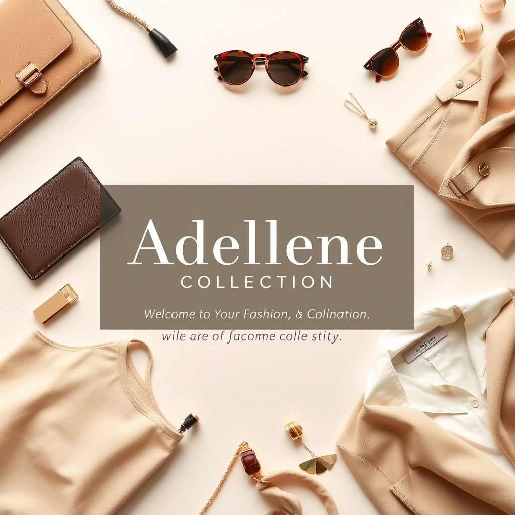 Main logo studio: Create a realistic elegant and classy fashion boutique welcome image for a brand called “Adellene Collection.” Use a sophisticated neutral color palet