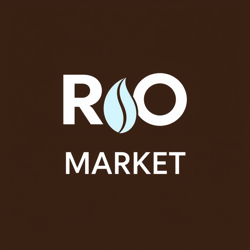 Main logo studio: Design a premium, clean, minimalist logo for a grocery store named RIO MARKET. COLOR PALETTE: Dominant color: rich coffee brown. Secondary colors: whi