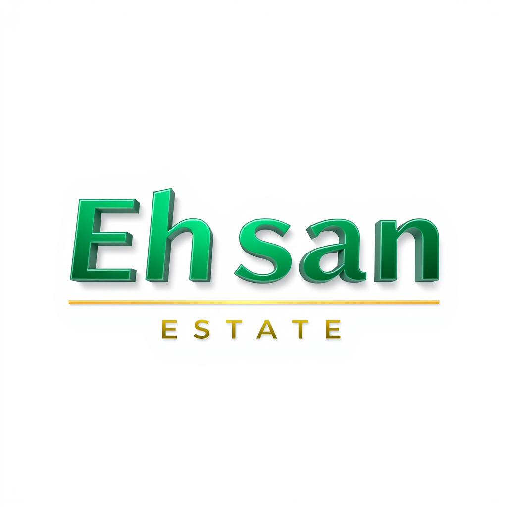 3D Logo idea: 3D logo for campany name is Ehsan Estate, a Property developer, logo with color emarald green and Ehsan Estate wording in champagne gold , three-dimen