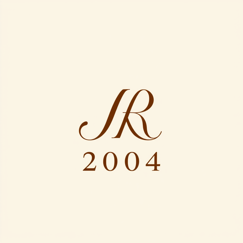 Minimalist Logo idea: minimalist logo, simple geometric mark for Minimal elegant monogram logo featuring intertwined letters “J” and “R” with “2004” subtly placed underneat