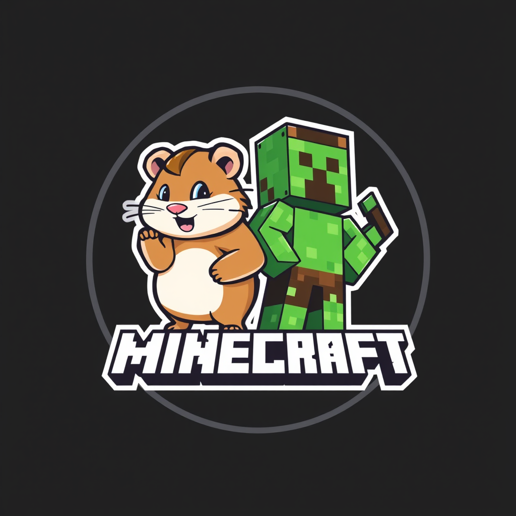 Main logo studio: “Bold, fun gaming logo featuring a cute fluffy hamster alongside a blocky Minecraft-inspired character, both posing confidently, pixel-art aesthetic,