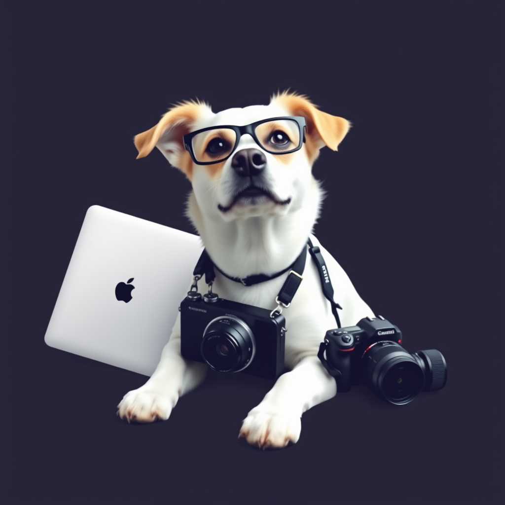 Main logo studio: MINIMALIST STYLE, dog with marketing items (phone, laptop, camera)