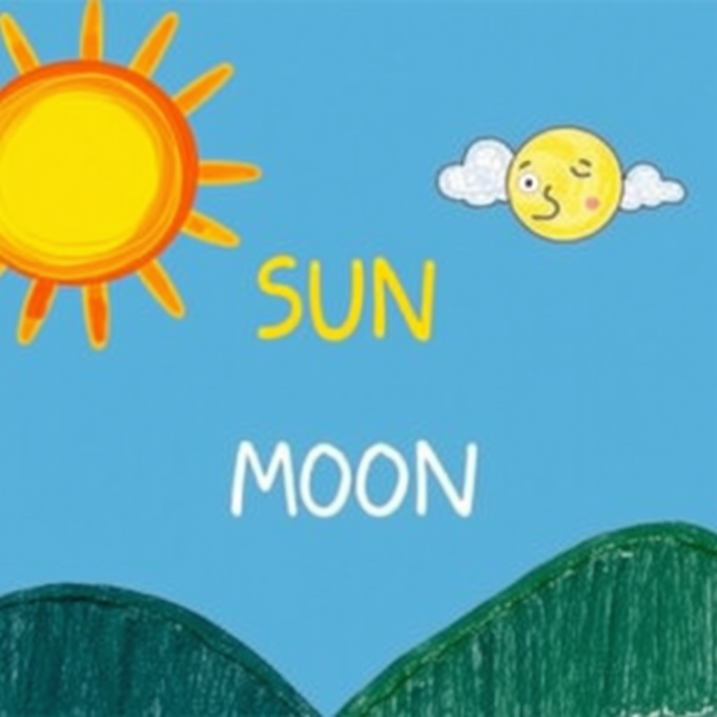 Main logo studio: make it like a kid has drawn a sun and a moon magazine colage style that looks not ai and has the words 'SUN AND MOON' no clouds no eyes looks like a 