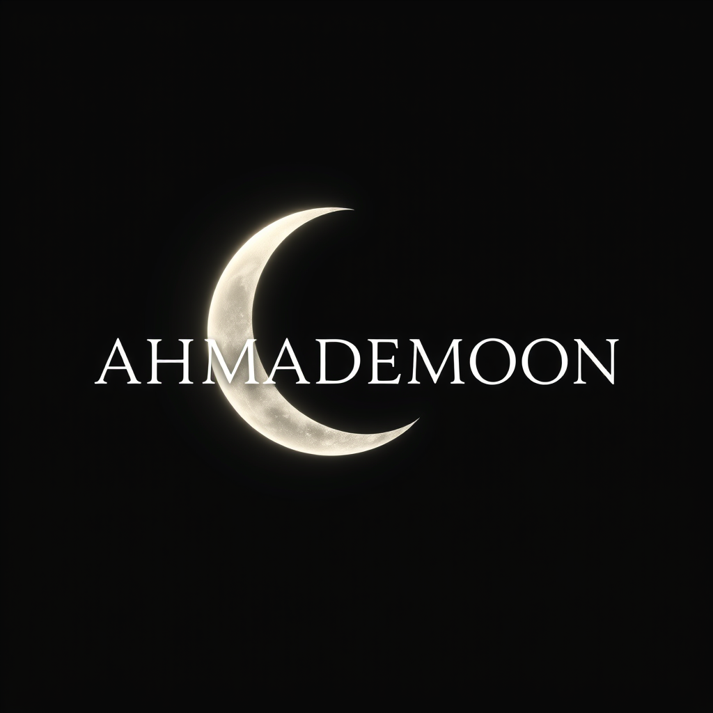Main logo studio: Create a mysterious and stylish YouTube profile logo for “AHMADeMOON”. A glowing crescent moon floating in a deep black night sky, subtle stars, elega