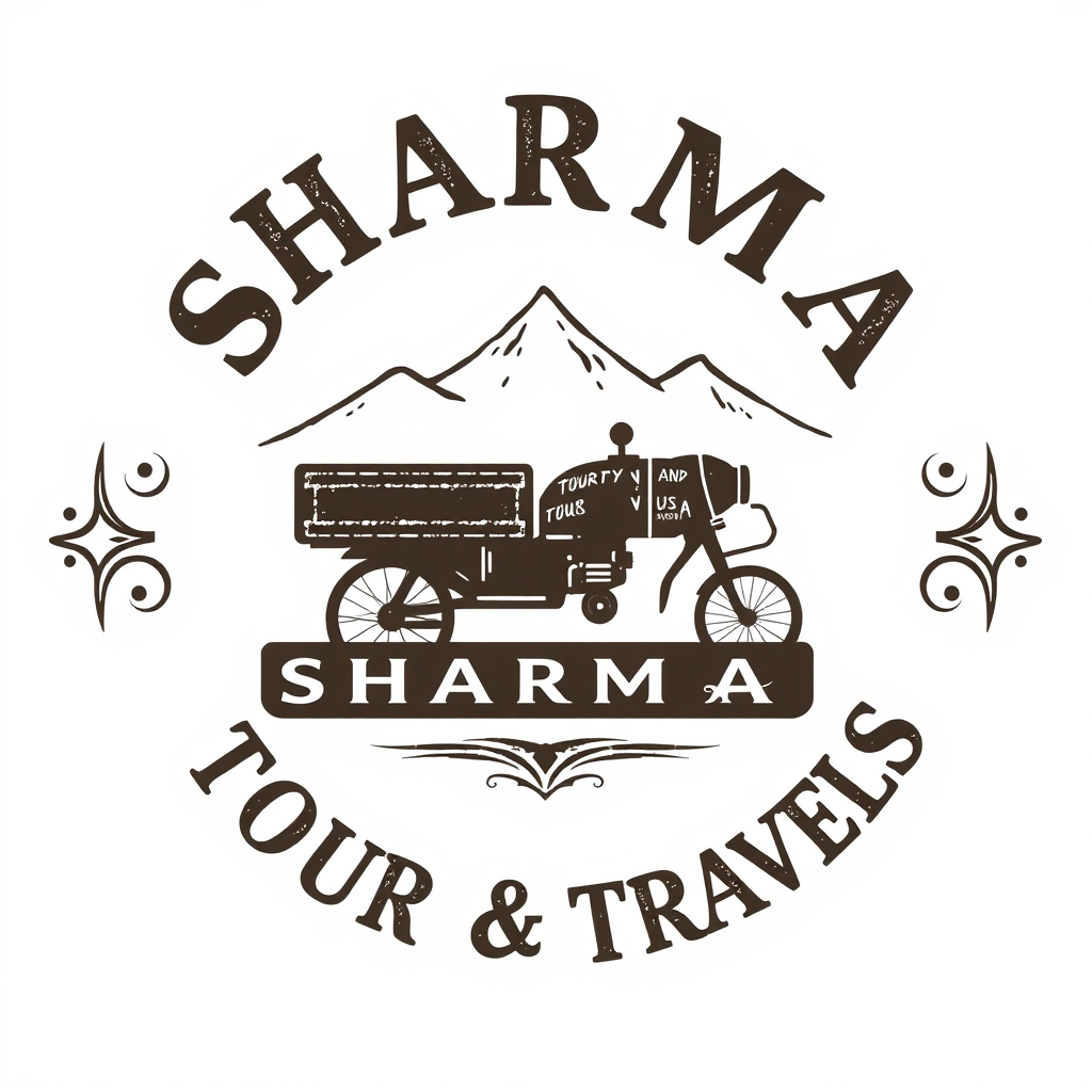 Vintage Logo idea: vintage retro logo for Sharma tour and travels , classic retro design, aged typography, hand-drawn vintage illustration style, ornamental flourishes, 