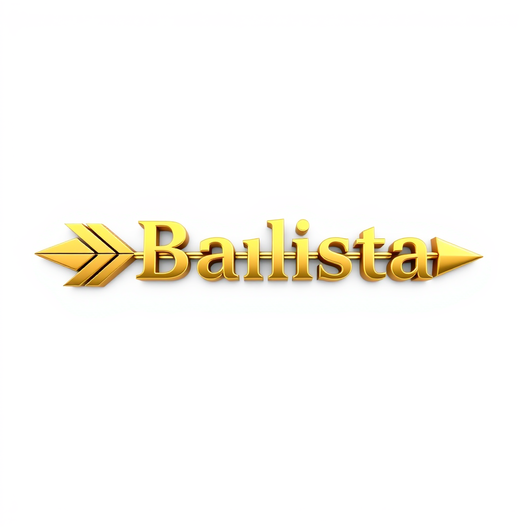 3D Logo idea: 3D logo for A horizontal GOLD ARROW pointing LEFT. The exact word “Balista” forms the arrow’s shaft. A pointed arrowhead on the LEFT and three arrow f